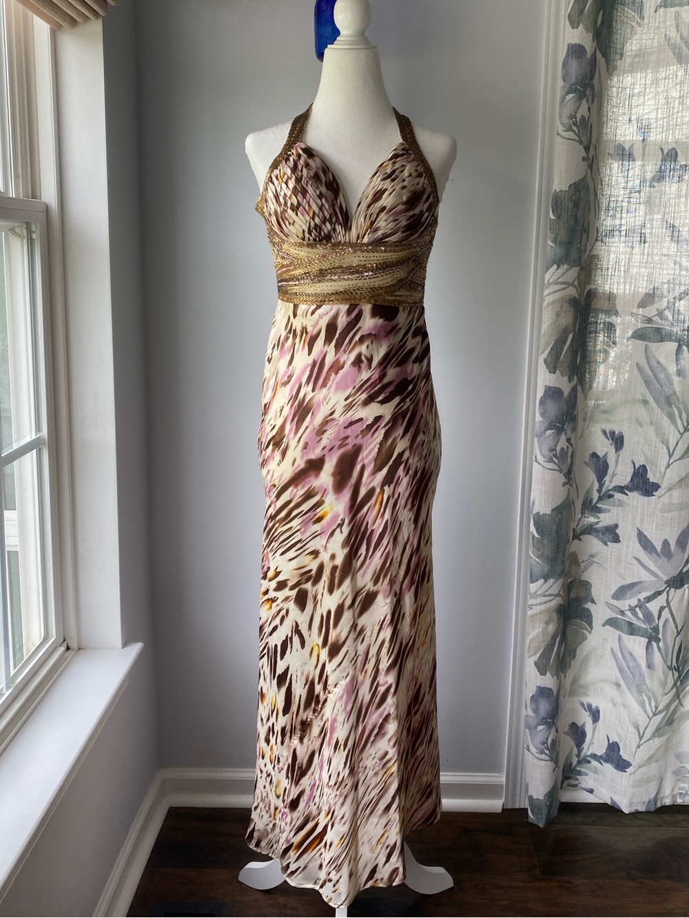 Y2K Animal Print Beaded Open Back Fairy Prom Dress Maxi Gown Sz 1/2